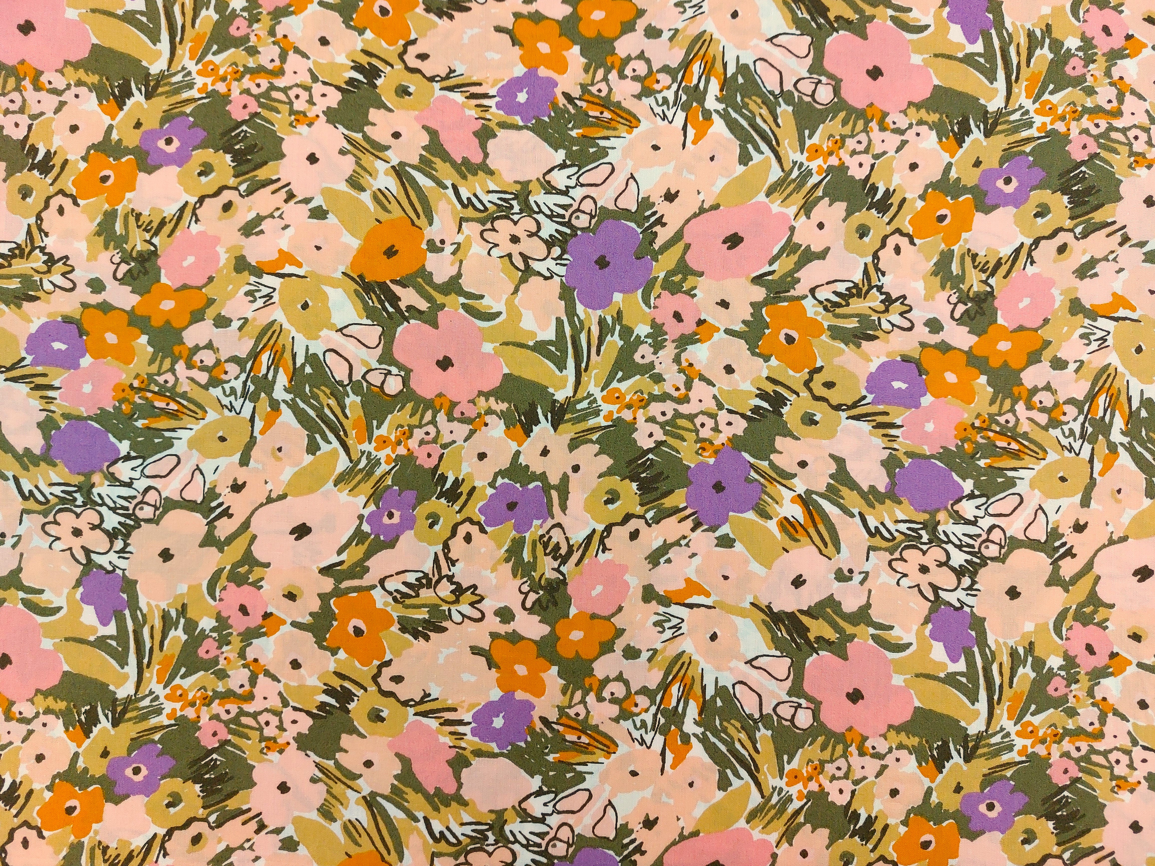 100 % Baumwolle , Blumenwiese, oliv / rose
