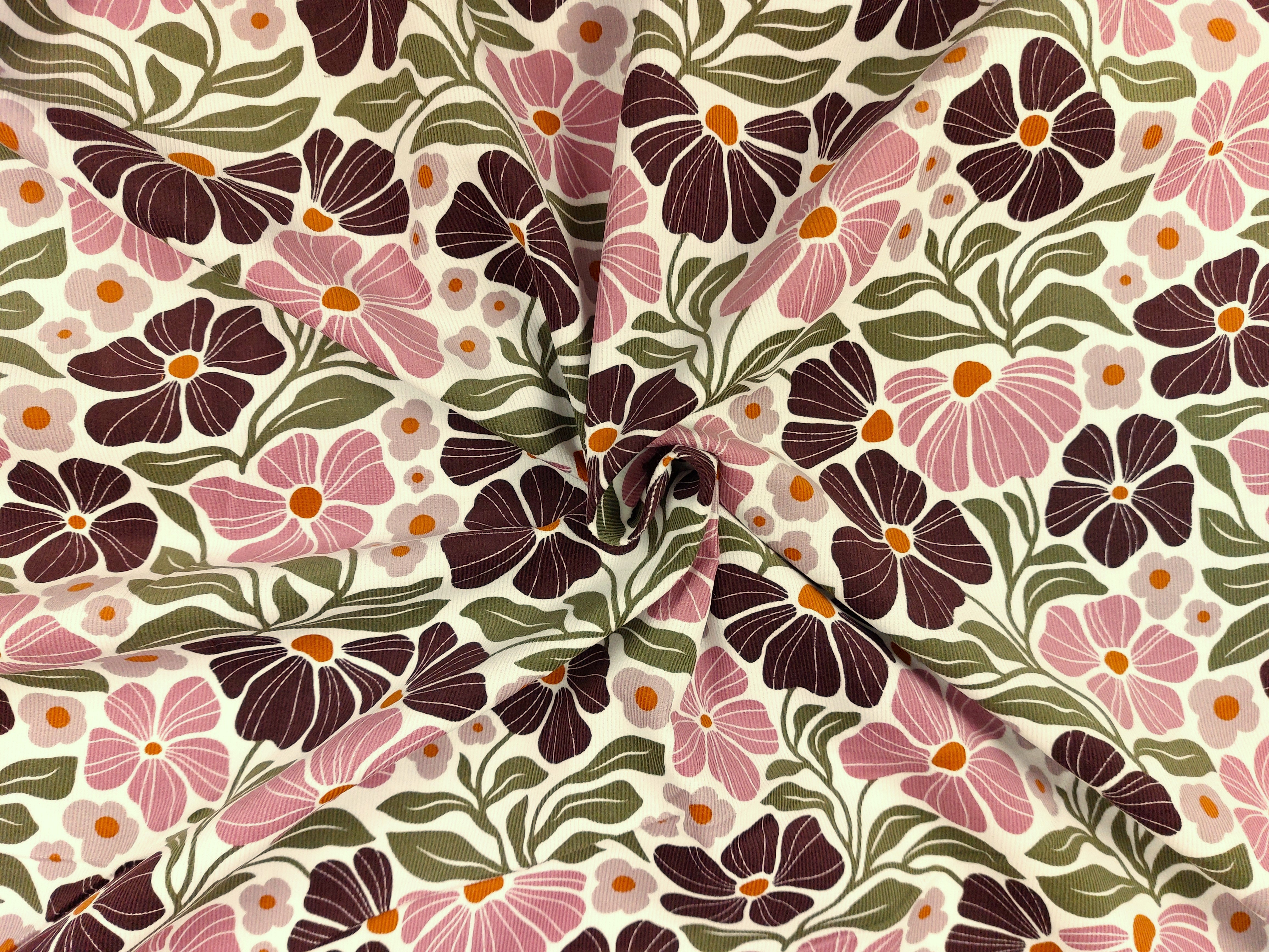 Feincord Blumen ecru/ mauve