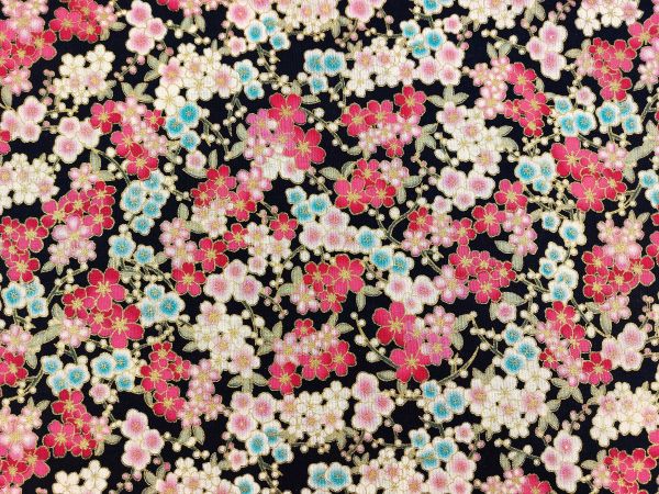 Dekostoff , Millefleurs mit goldfarbenem Rand, schwarz Dekostoff , Millefleurs mit goldfarbenem Rand, schwarz