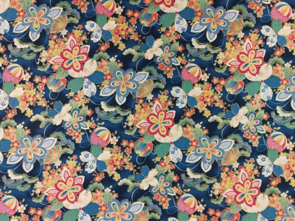 Dekostoff Blüten, bleu mit goldfarbenen Akzenten Dekostoff Blüten, bleu mit goldfarbenen Akzenten