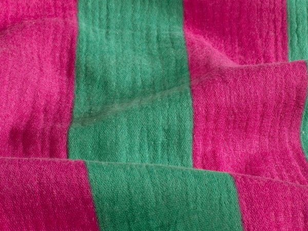 Musselin, 5 cm Blockstreifen , grün / pink Musselin, 5 cm Blockstreifen , grün / pink