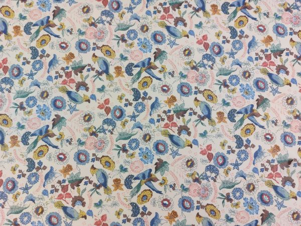 Chiffon, Blümchen mit Vogel, bunt Chiffon, Blümchen mit Vogel, bunt