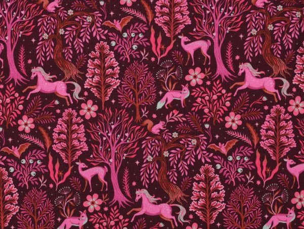 Jersey , French Terry ,Einhorn im Märchenwald, pink / rot
