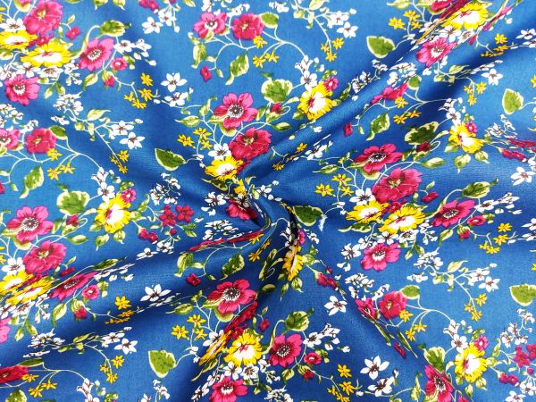 Baumwollstoff, bleu, bunte Blumen