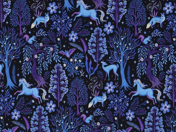 Jersey , French Terry ,Einhorn im Märchenwald, blau