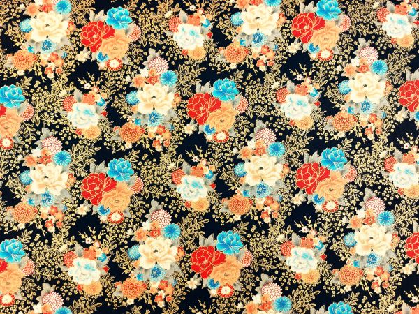 Dekostoff Blumenbouqet mit goldfarbenen Akzenten , schwarz Dekostoff Blumenbouqet mit goldfarbenen Akzenten , schwarz