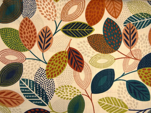 Dekostoff, Blätter, ecru / bunt