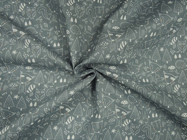stof-alvin-Waldtiere-4 100 % Baumwolle Waldtiere & Eule blaugrau