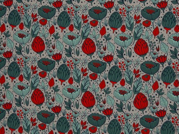 Dekostoff, Blumen grau / rot Dekostoff, Blumen grau / rot