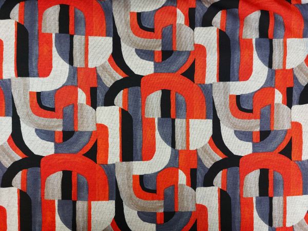 Jersey Romanit gemustert, graphisches Muster grau / rot