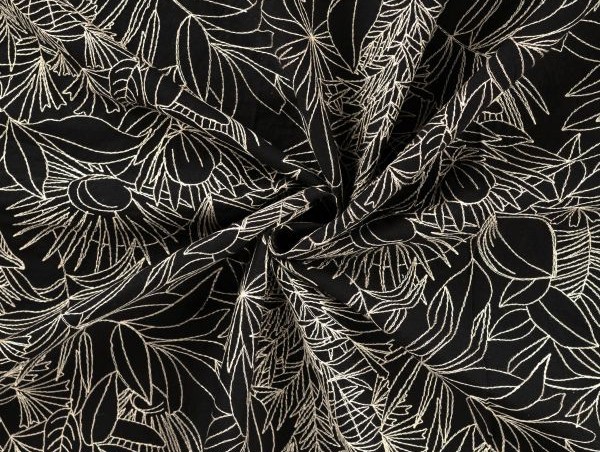 Baumwollwebstoff, schwarz, florale Stickerei in ecru