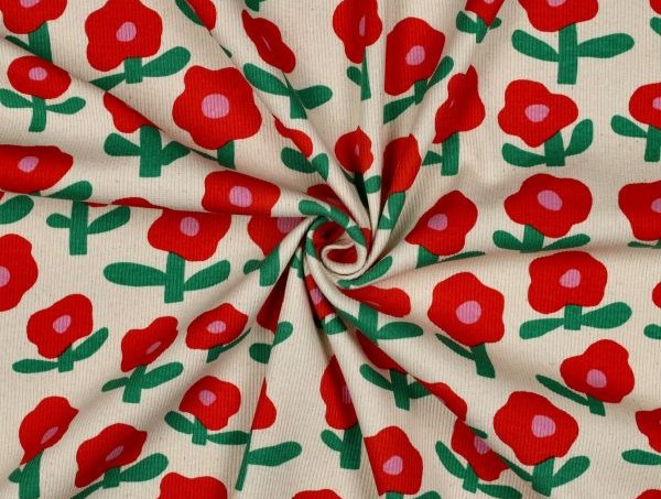 Jersey , Rippjersey, Blume, ecru /rot