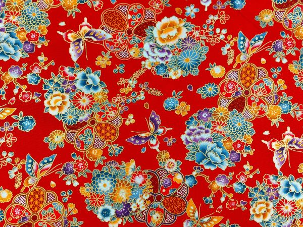 Dekostoff , Schmetterlinge & Blumen, rot
