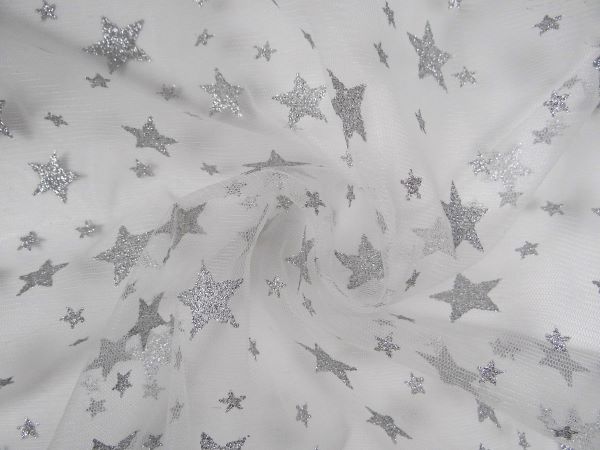 Tüll mit Glitzersternen, silber